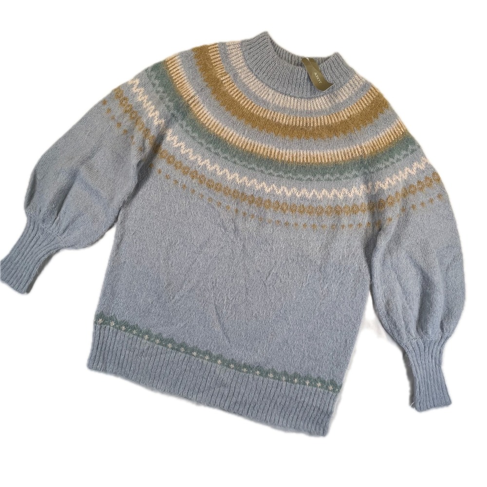J.Crew Fair Isle Mockneck Balloon Sleeve Sweater XS Blue Wool Alpaca NWT BD152
